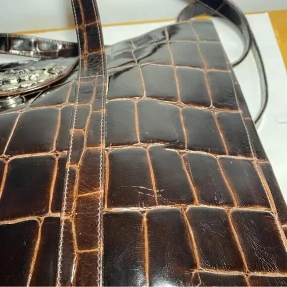 Vintage Neiman Marcus Dark Brown Crocodile-Embossed Leather Tote Bag - Picture 6 of 8